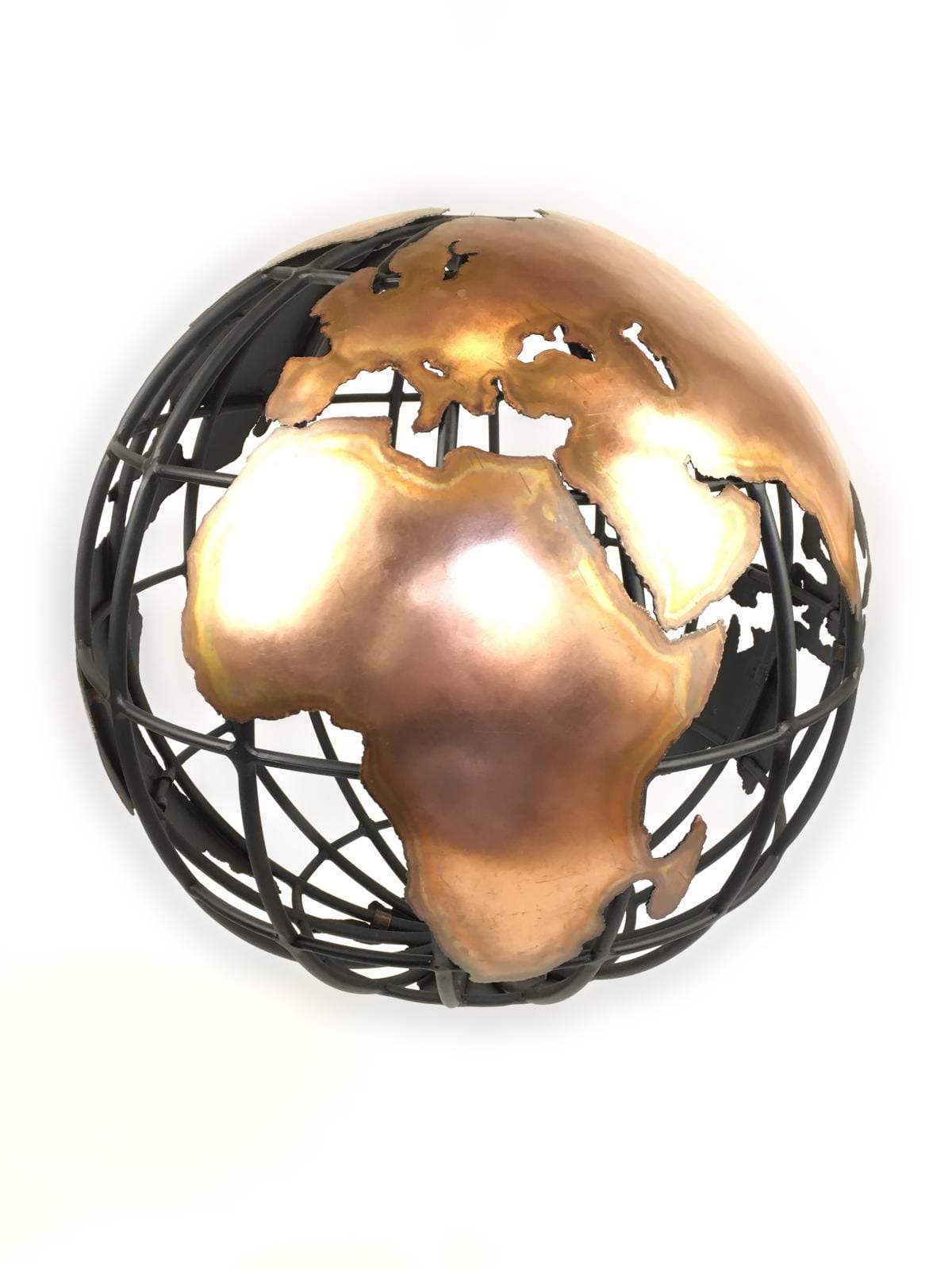 A copper world held inside a cage of steel